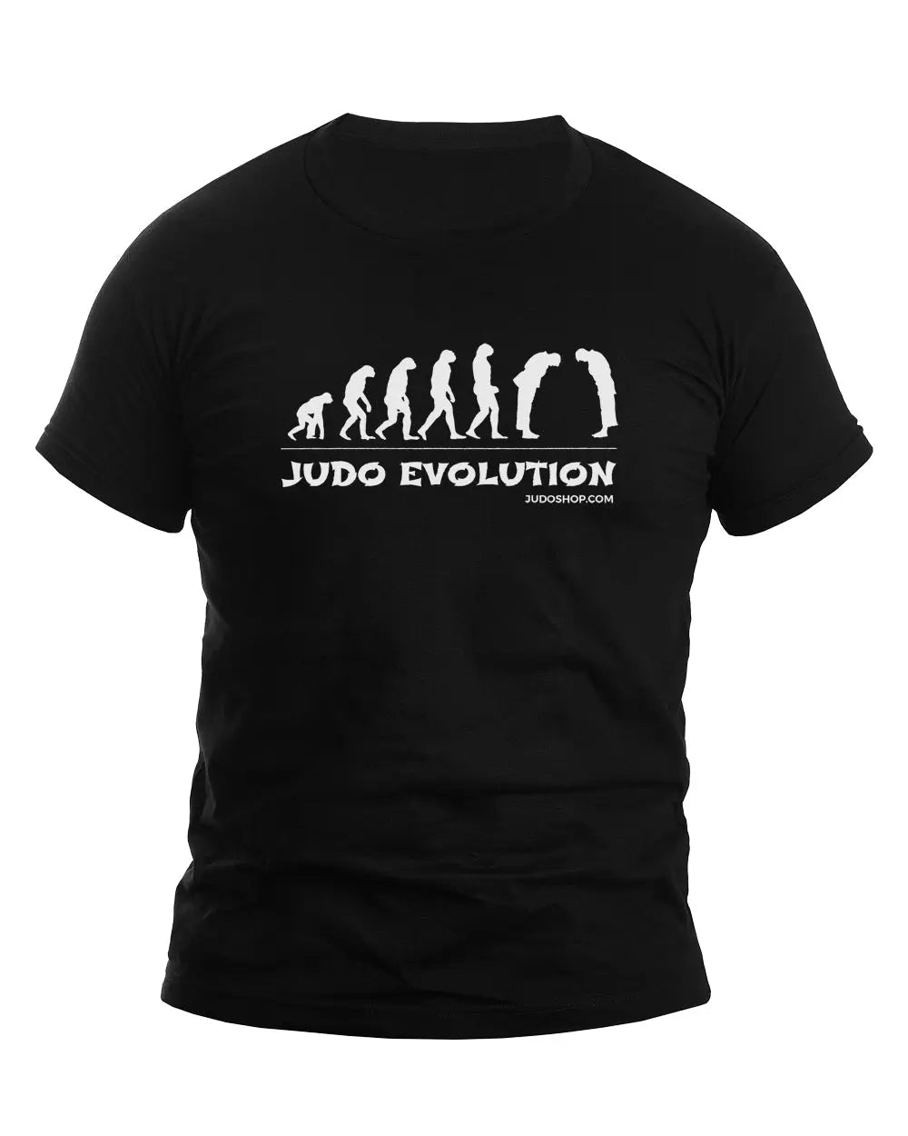 Black unisex Judo T-Shirt featuring a white graphic of evolution stages leading to a judo stance with 'Judo Evolution' text. Perfect for martial arts enthusiasts.
