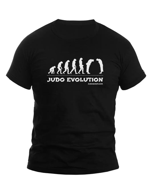 Black unisex Judo T-Shirt featuring a white graphic of evolution stages leading to a judo stance with 'Judo Evolution' text. Perfect for martial arts enthusiasts.