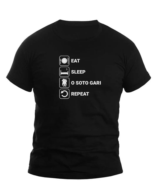 Black unisex t-shirt featuring the text 'Eat Sleep O Soto Gari Repeat' with icons representing each action, ideal for judo enthusiasts.