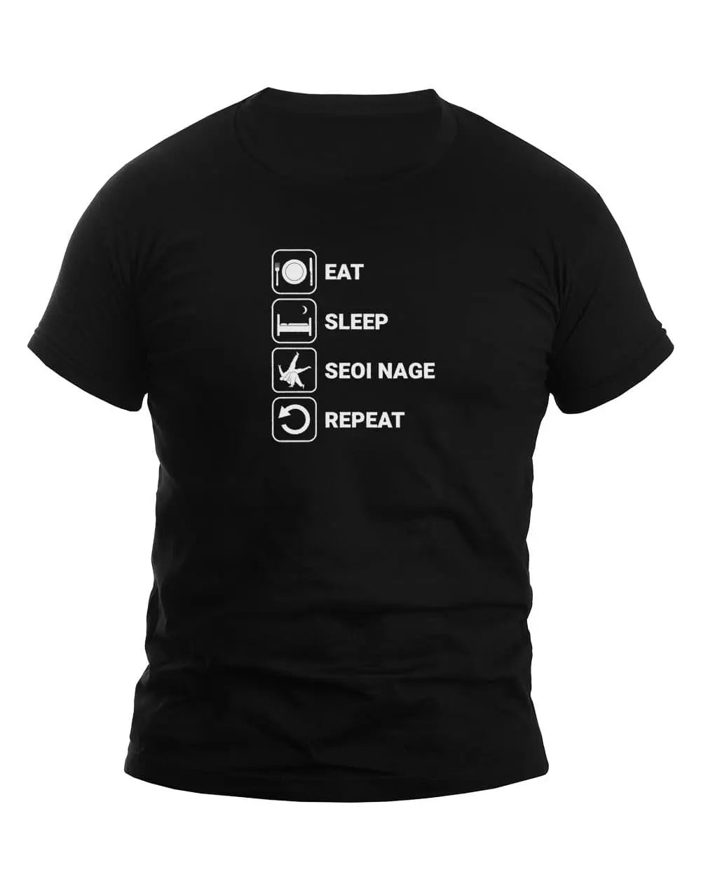 Black unisex t-shirt featuring the text 'Eat Sleep Seoi Nage Repeat' with icons representing each activity, ideal for judo enthusiasts.