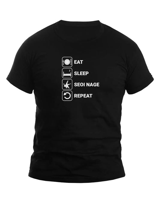 Black unisex t-shirt featuring the text 'Eat Sleep Seoi Nage Repeat' with icons representing each activity, ideal for judo enthusiasts.