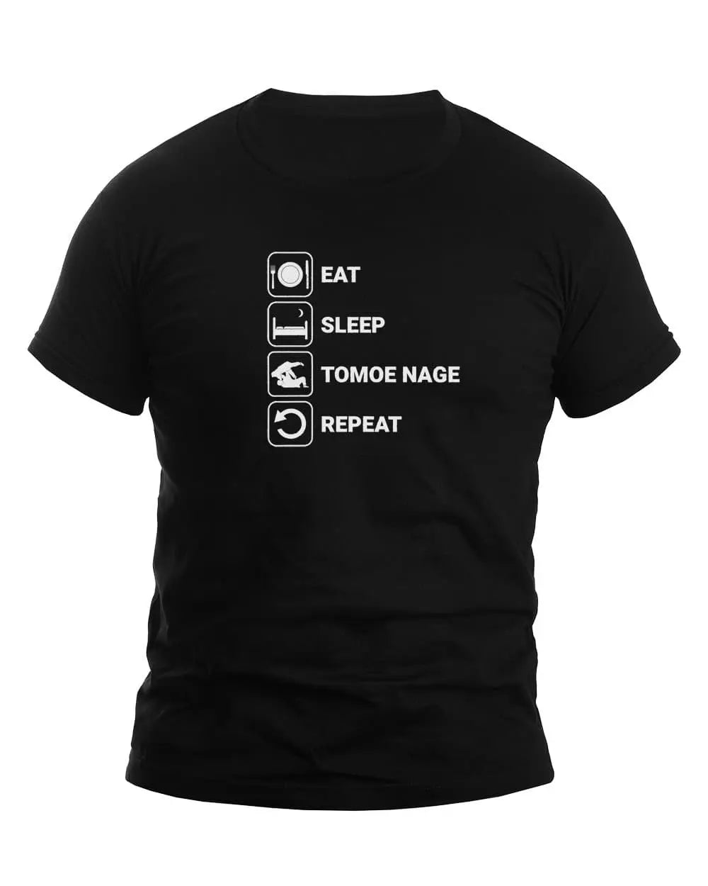 Black unisex t-shirt featuring the text 'Eat Sleep Tomoe Nage Repeat' with icons representing each phrase, ideal for judo enthusiasts.