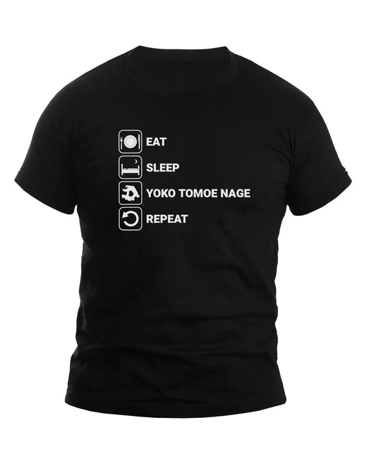 Black unisex t-shirt featuring the text 'Eat Sleep Yoko Tomoe Nage Repeat' in bold white font, ideal for judo enthusiasts.