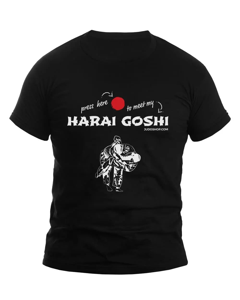 Black Judo T-Shirt featuring 'Harai Goshi Press Here' design with a red dot and a judo throw graphic, ideal for martial arts enthusiasts.