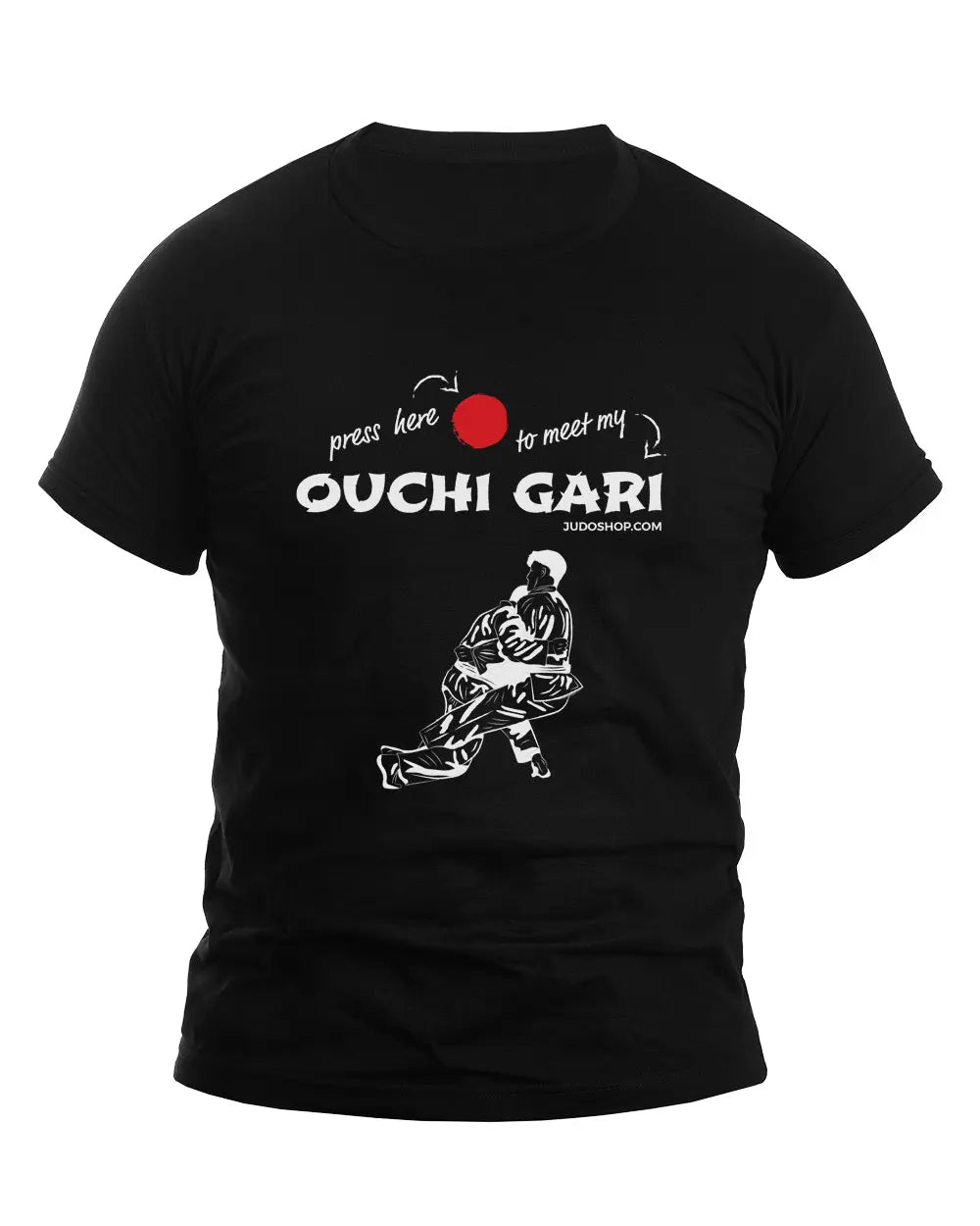 Black Judo T-Shirt featuring 'Ouchi Gari Press Here' design with a judo throw graphic, perfect for martial arts enthusiasts.