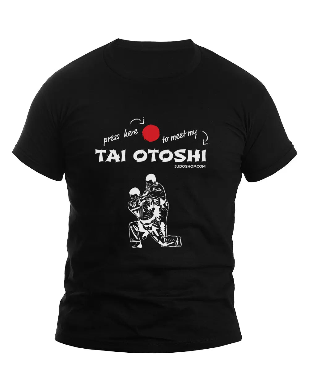 Black Judo T-Shirt featuring 'Tai Otoshi Press Here' design with a graphic of two figures demonstrating a judo move.