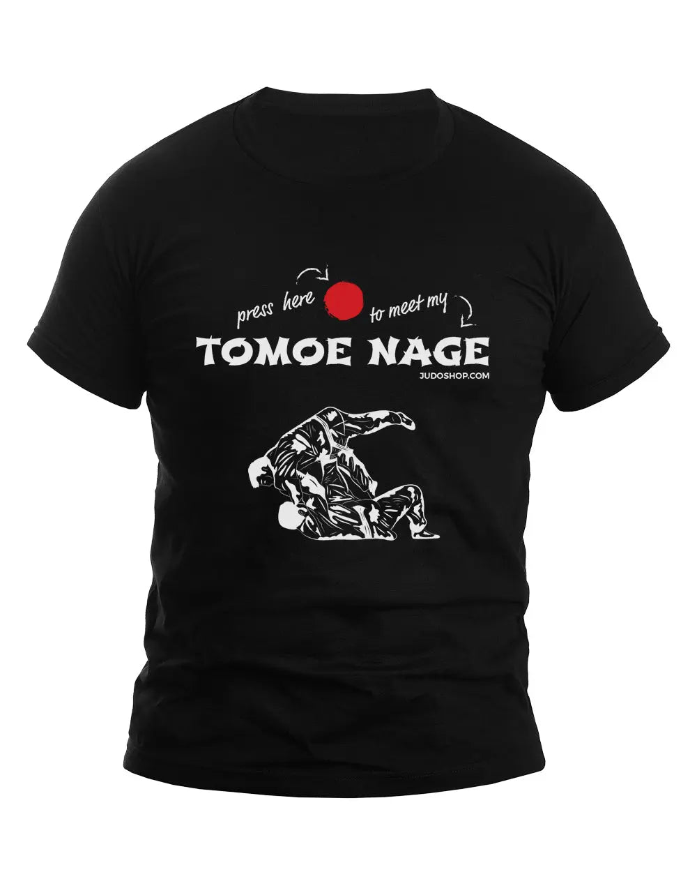 Black unisex Judo T-Shirt featuring 'Press Here to Meet My Tomoe Nage' design with a judo throw graphic, ideal for martial arts enthusiasts.