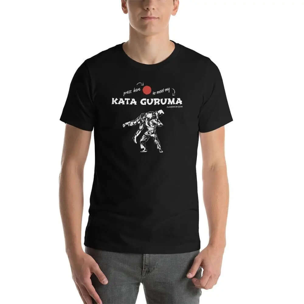 Black Judo T-Shirt featuring a Kata Guruma design with text 'Press Here to Move Me' and a red dot, ideal for martial arts enthusiasts.
