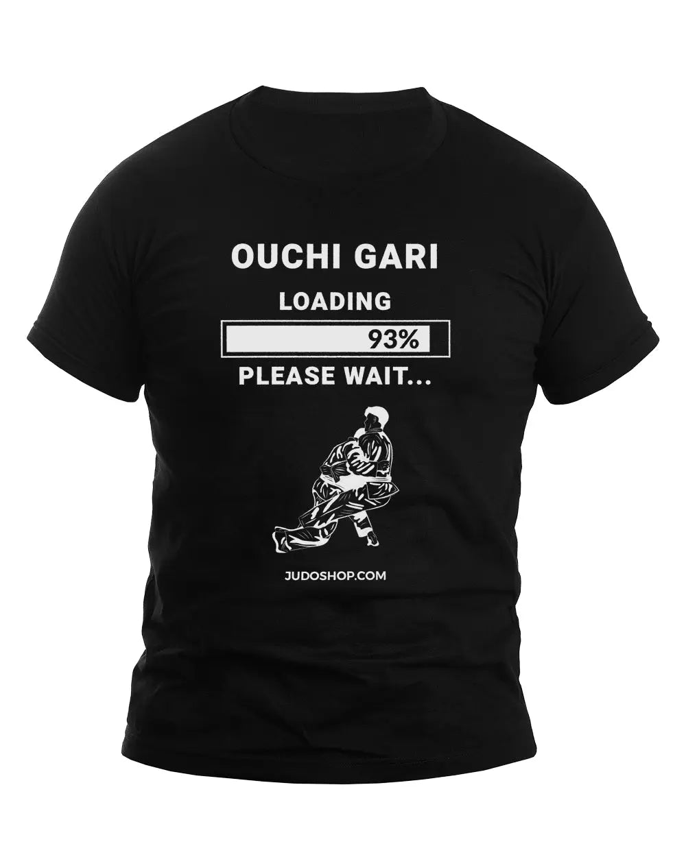 Black unisex Judo T-Shirt featuring 'Ouchi Gari Progress Bar' design with a loading bar at 93% and a judo illustration.