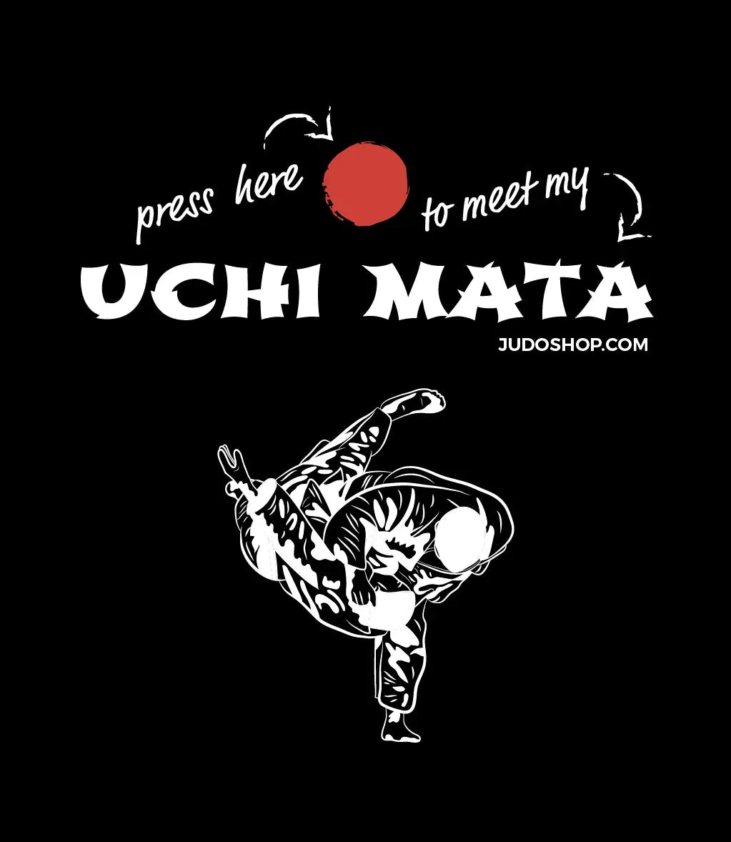 Close-up of the 'Press here to meet my Uchi Mata' design on a black Judo T-Shirt, showcasing a bold judo throw graphic.